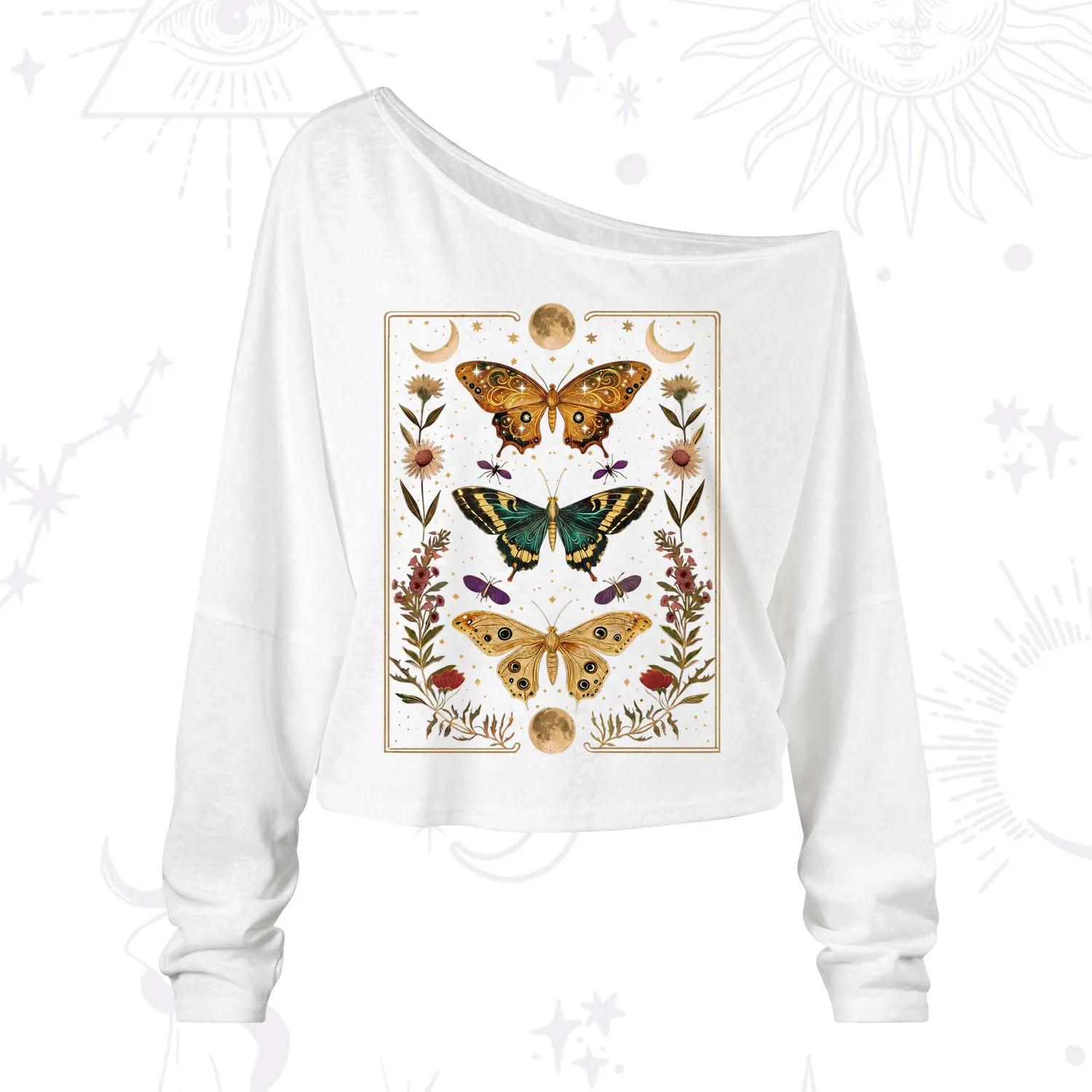 Purplehecate Sun and Moon Butterfly One Shoulder Long Sleeve Shirt