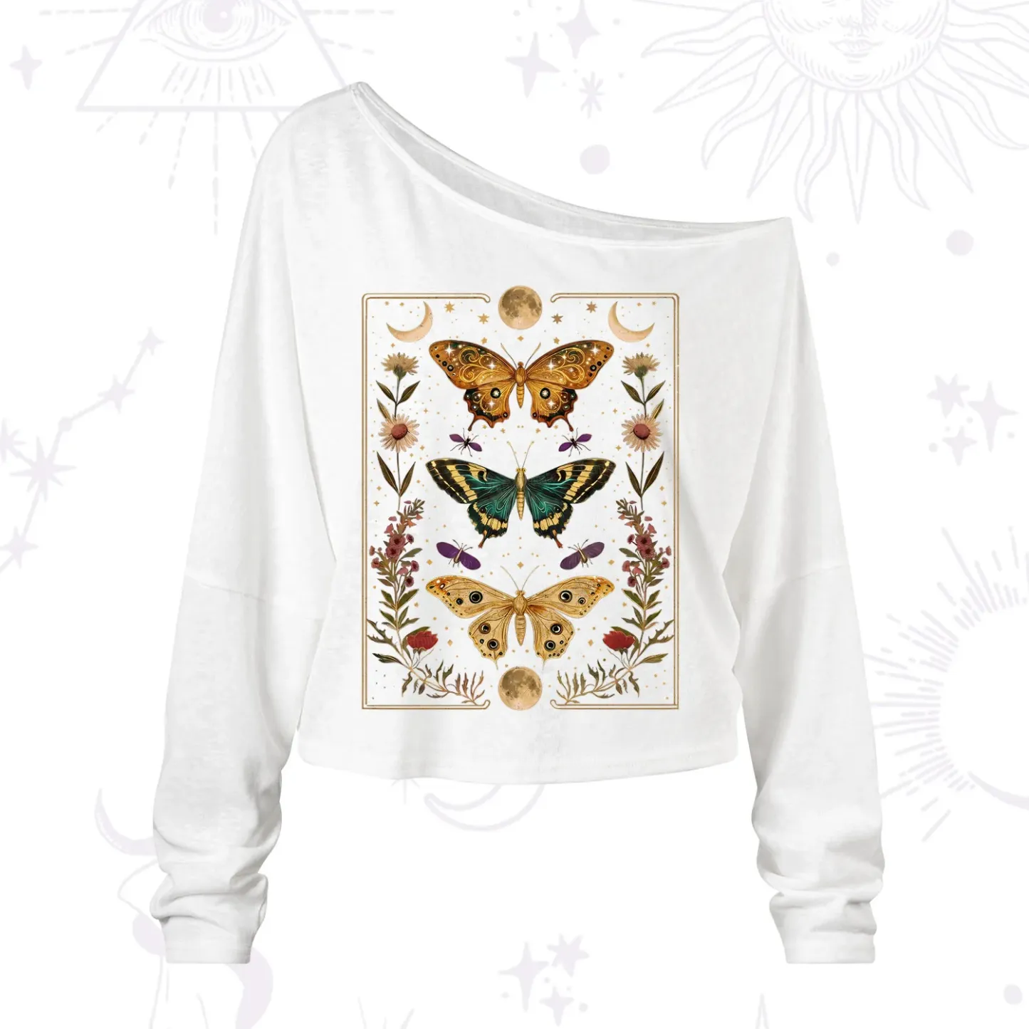 Purplehecate Sun and Moon Butterfly One Shoulder Long Sleeve Shirt