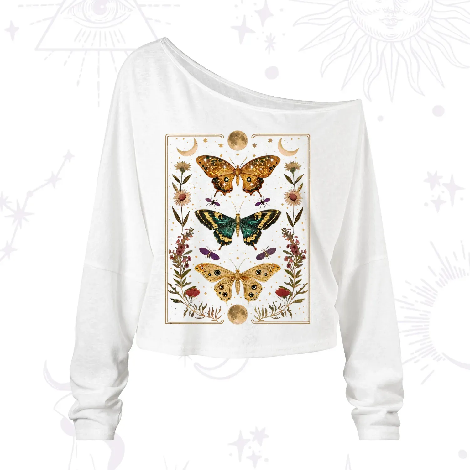 Purplehecate Sun and Moon Butterfly One Shoulder Long Sleeve Shirt
