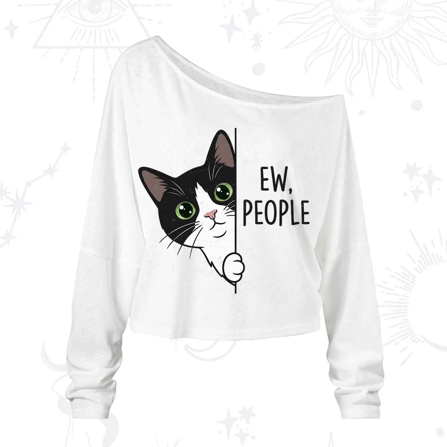 Purplehecate Funny Cat Ew People One Shoulder Long Sleeve Shirt