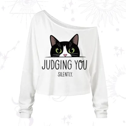 Purplehecate Cute Cat Judging You Silently One Shoulder Long Sleeve Shirt