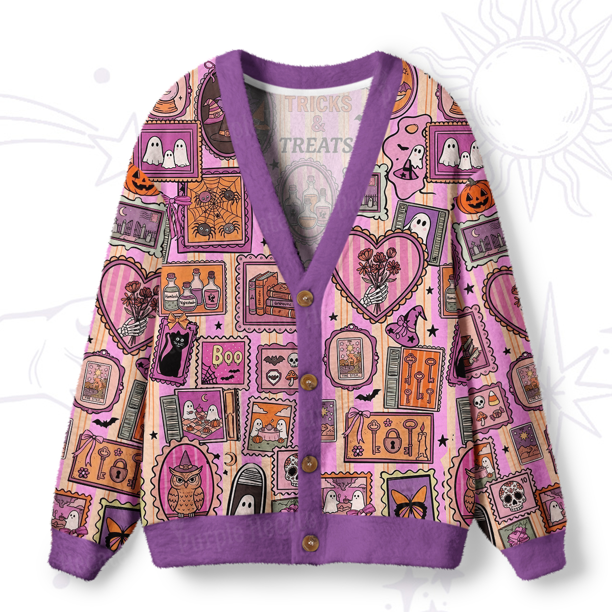 Purplehecate Halloween Doodle Print Ugly Cardigan Sweaters