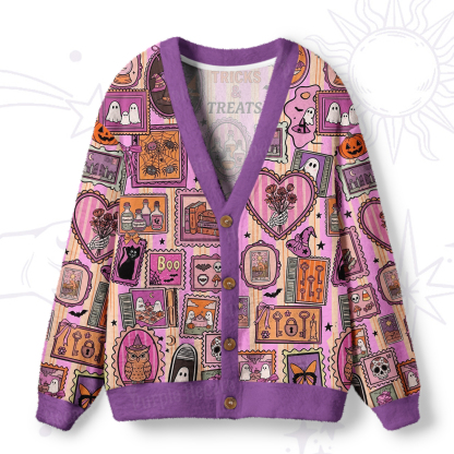 Purplehecate Halloween Doodle Print Ugly Cardigan Sweaters