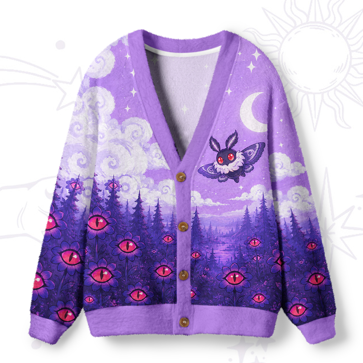 Purplehecate Mothman in the Mystic Eyebloom Garden Ugly Cardigan Sweaters