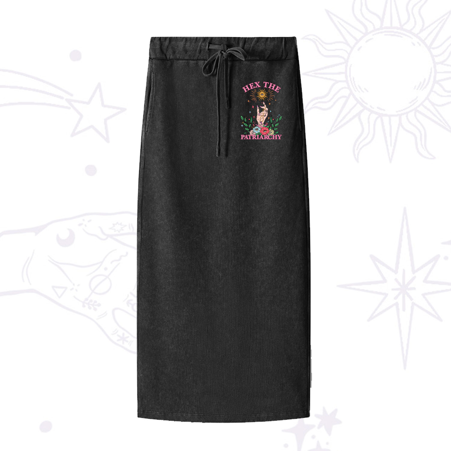 Purplehecate Hex The Patriarchy Witchy Washed Drawstring Long Skirt