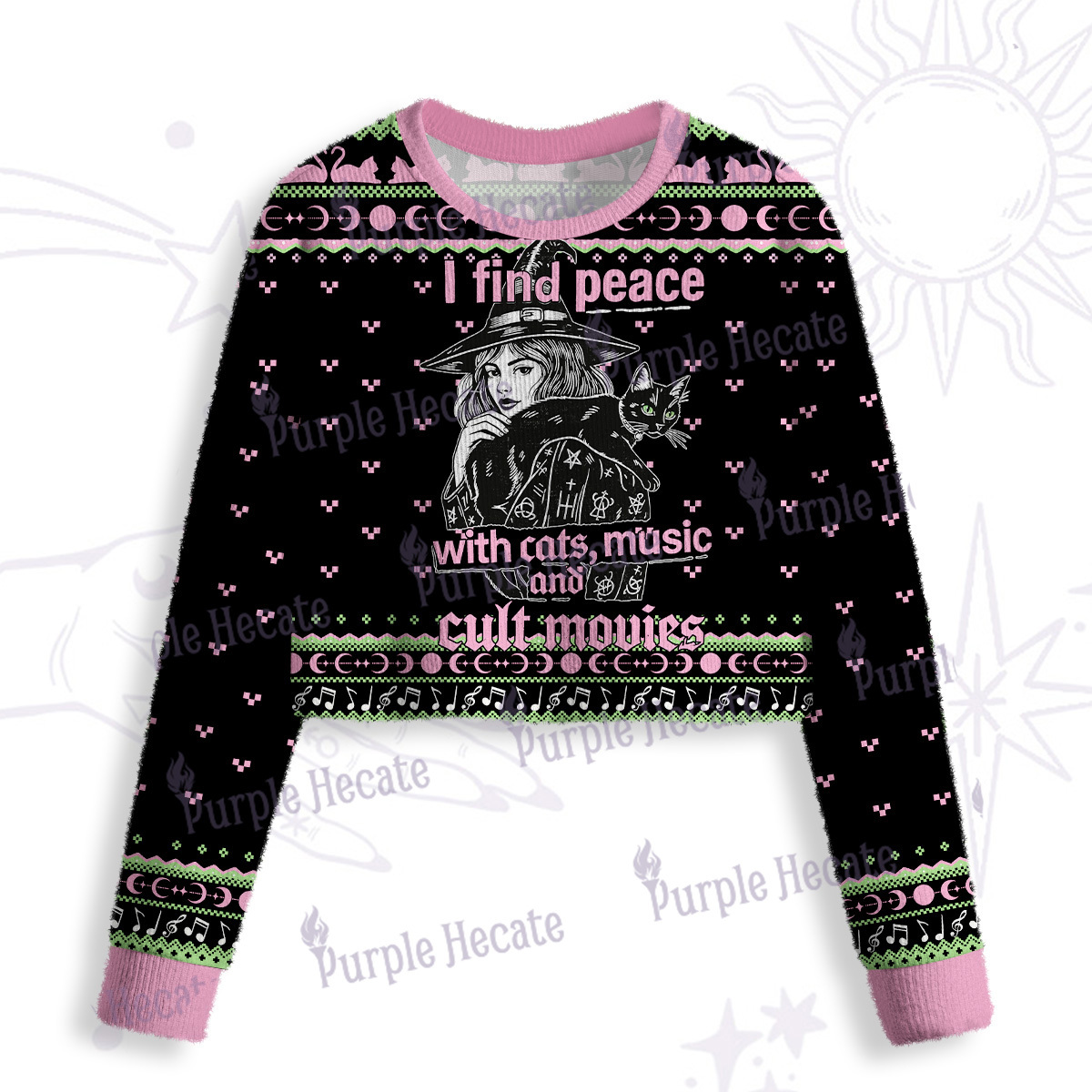 Purplehecate I Find Peace With Cats Music Cult Movies Crop Fuzzy Ugly Sweatshirt