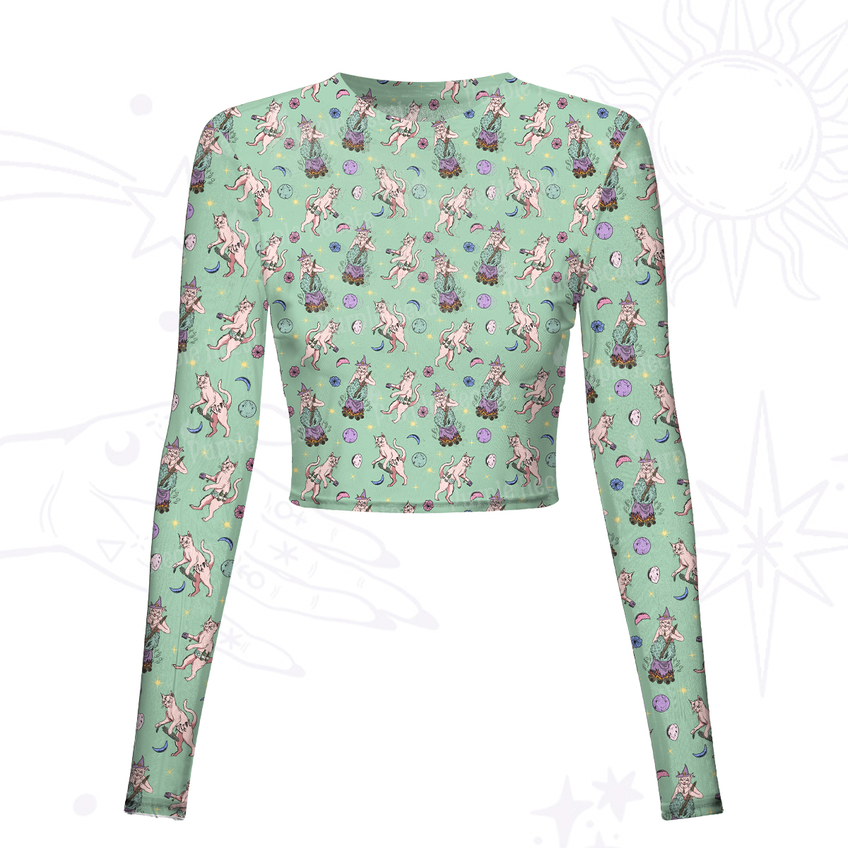 Purplehecate Cat Coven Mesh Long Sleeve Crop Top