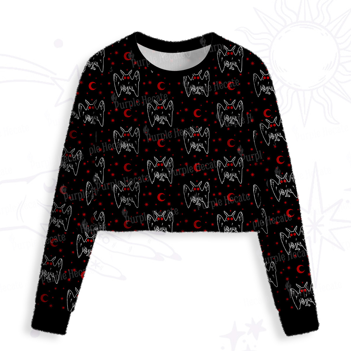 Purplehecate Witchy Mothman Night Crop Fuzzy Ugly Sweatshirt