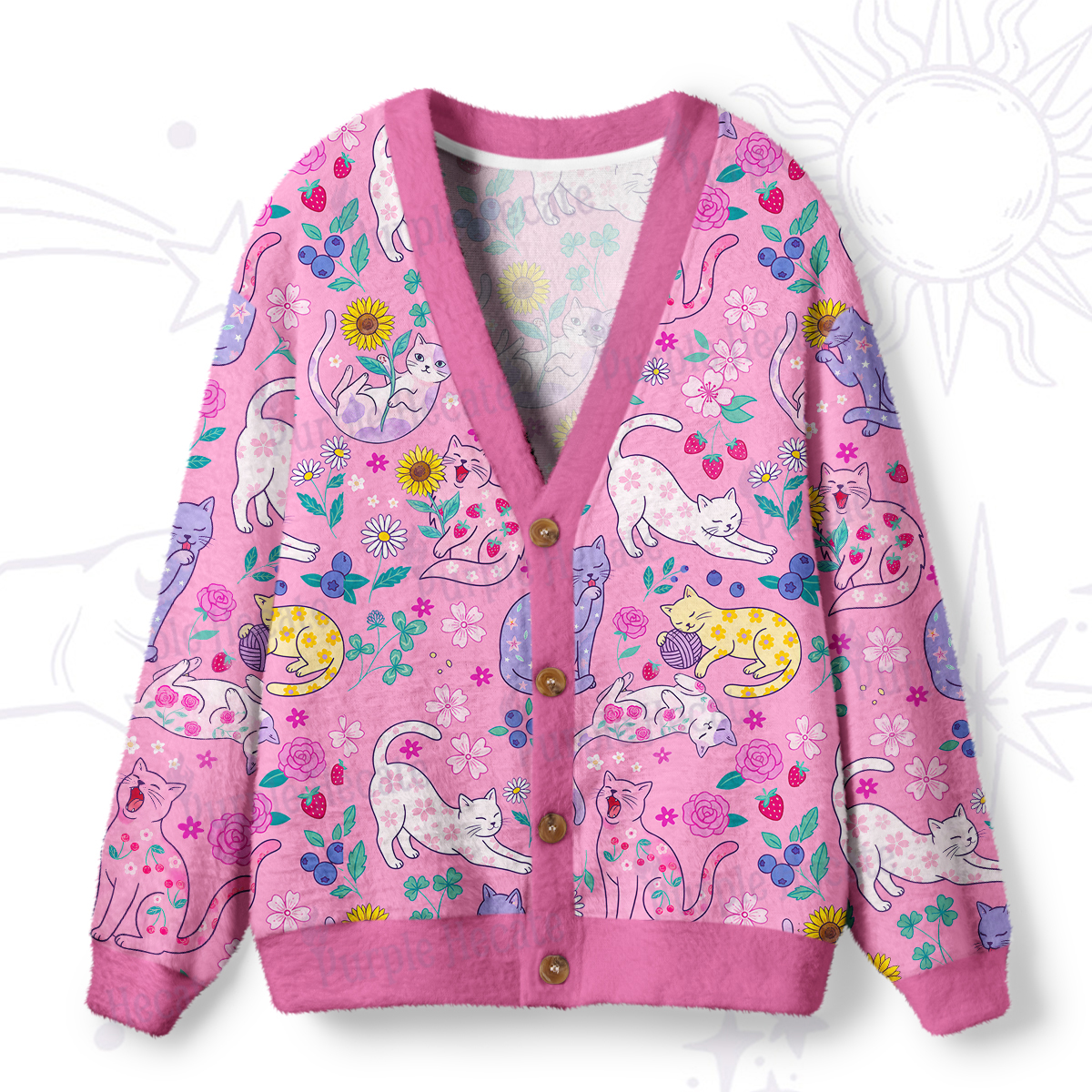 Purplehecate Lazy Day Garden Cats Ugly Cardigan Sweaters