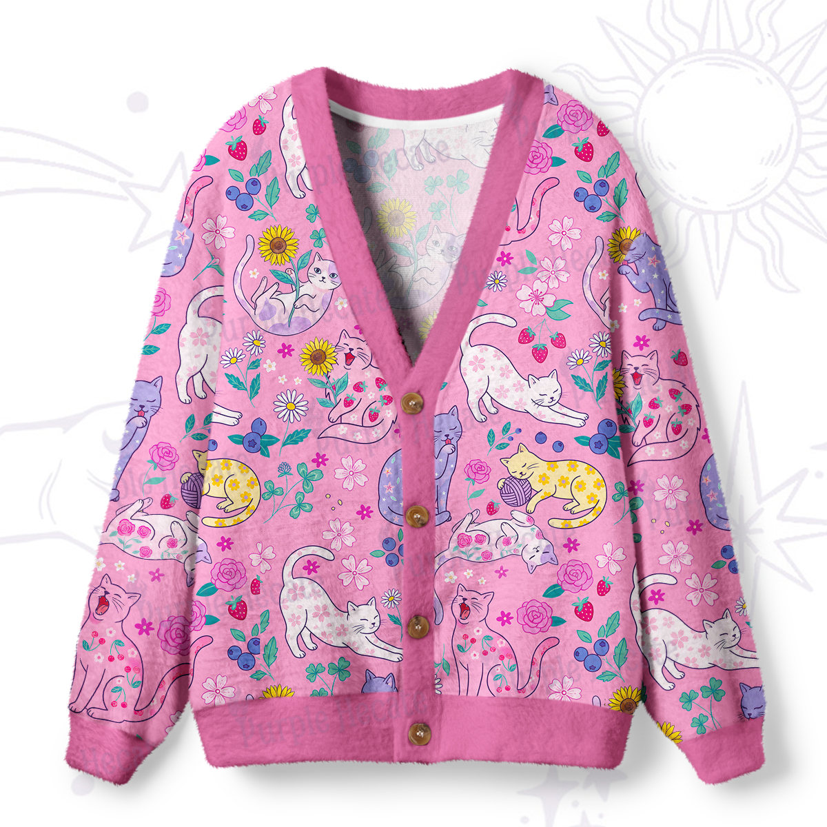 Purplehecate Lazy Day Garden Cats Ugly Cardigan Sweaters
