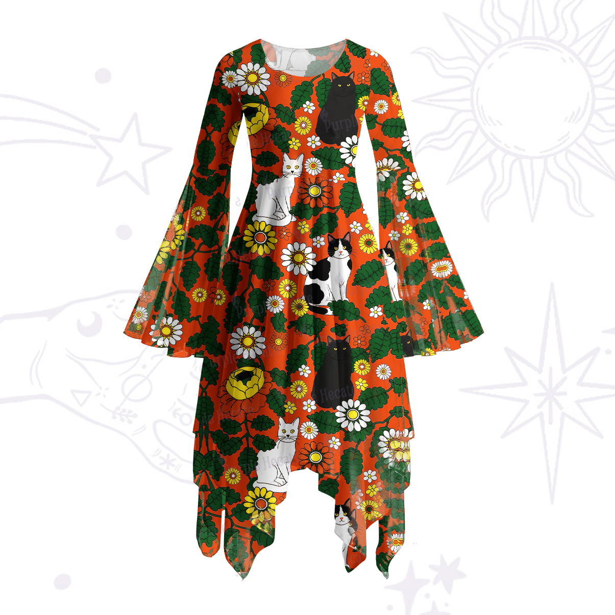 Purplehecate Daisy Cat  Garden Bell Sleeve Dress