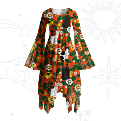 Purplehecate Daisy Cat  Garden Bell Sleeve Dress