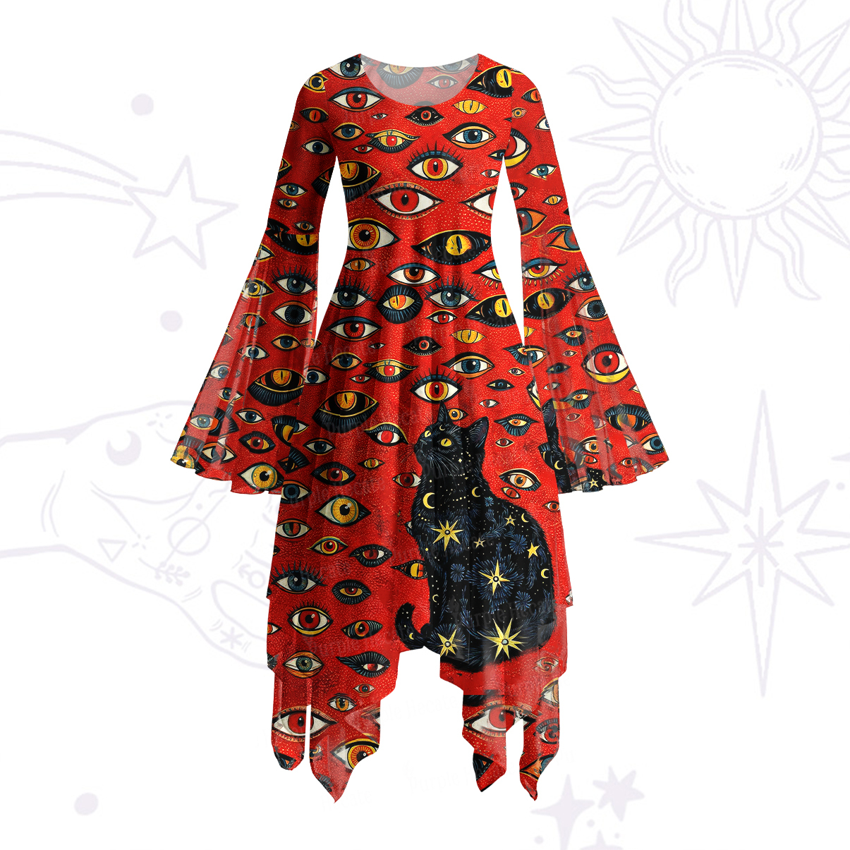 Purplehecate Cosmic Watcher Cat Bell Sleeve Dress