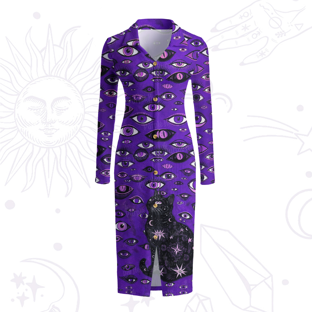 Purplehecate Cosmic Watcher Cat Ribbed Knit Dress