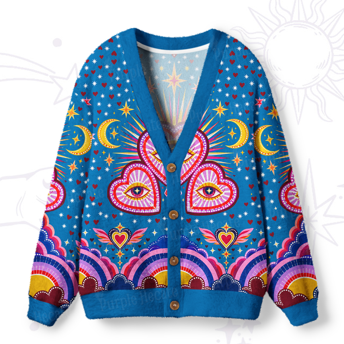Purplehecate Groovy Evil Eye Starburst Heart Rainbow Ugly Cardigan Sweaters