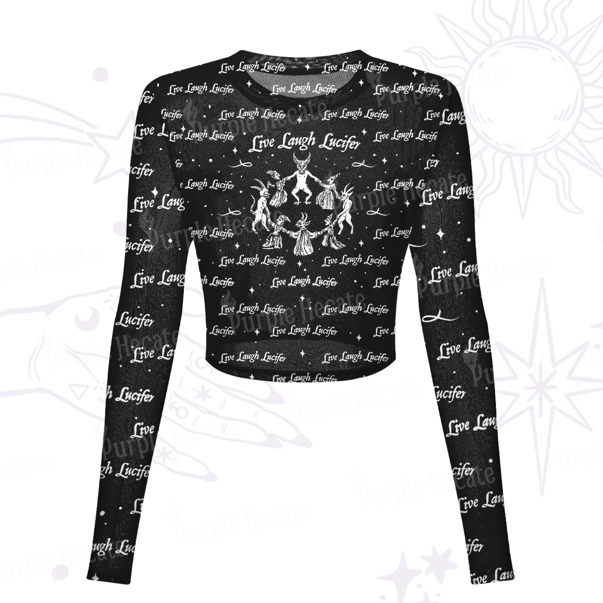 Purplehecate Live Laugh Lucifer Mesh Long Sleeve Crop Top
