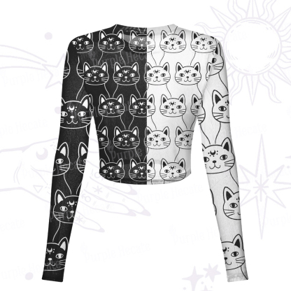 Purplehecate Sketchy Cat Mesh Long Sleeve Crop Top