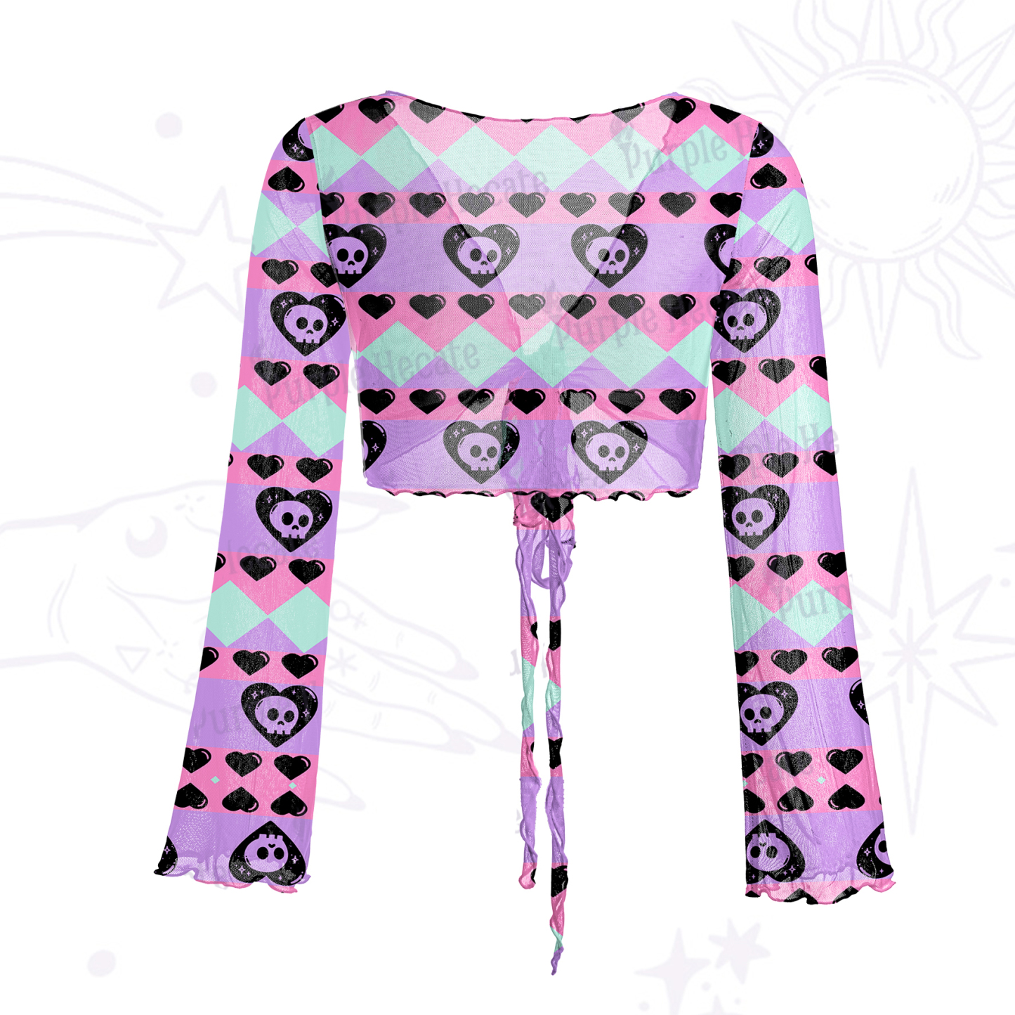 Purplehecate Sweet Yet Spooky Skull Heart Mesh Tie Front Top