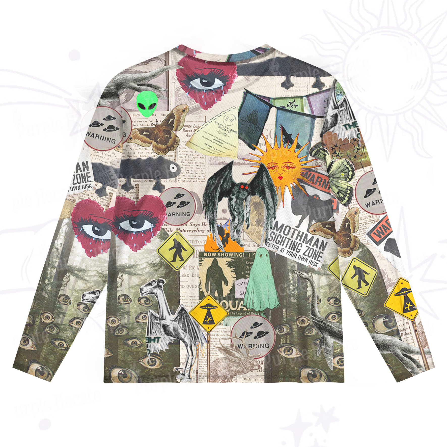 Purplehecate Cryptid Warning Collage Mesh Long Sleeve Top