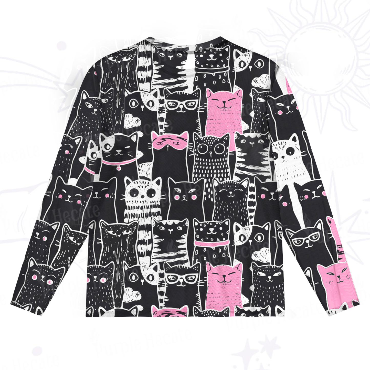 Purplehecate Cute Cat All Over Print Mesh Long Sleeve Top