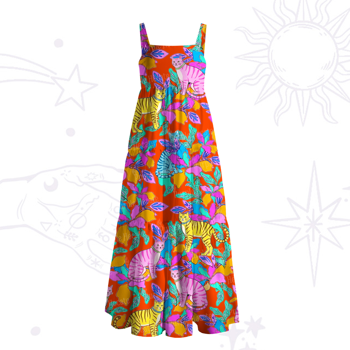 Purplehecate Colorful Cats Jungle Garden Wide Straps Maxi Dress
