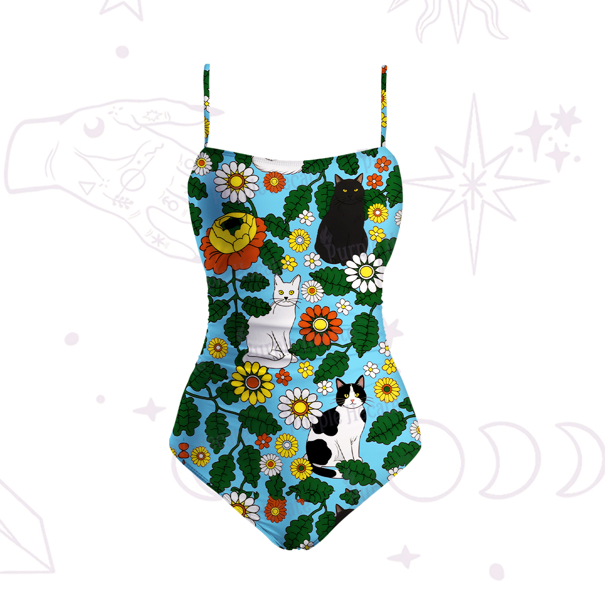 Purplehecate Daisy Cat  Garden Slim-Strap Swimsuit