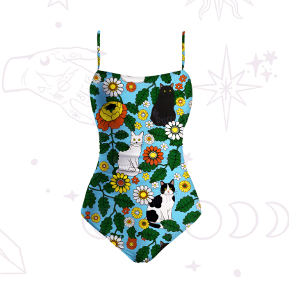 Purplehecate Daisy Cat  Garden Slim-Strap Swimsuit