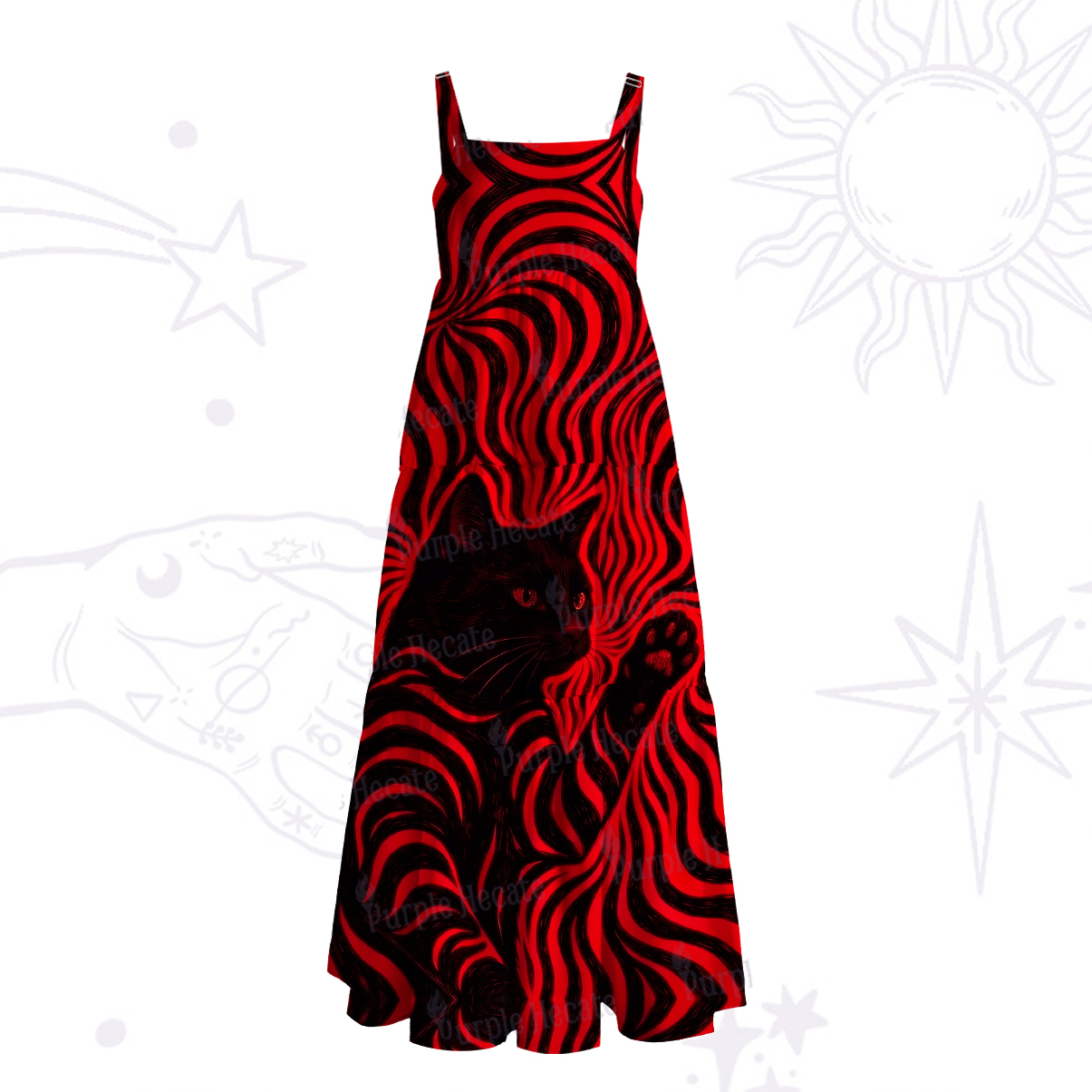 Purplehecate Psychedelic Cat Wide Straps Maxi Dress