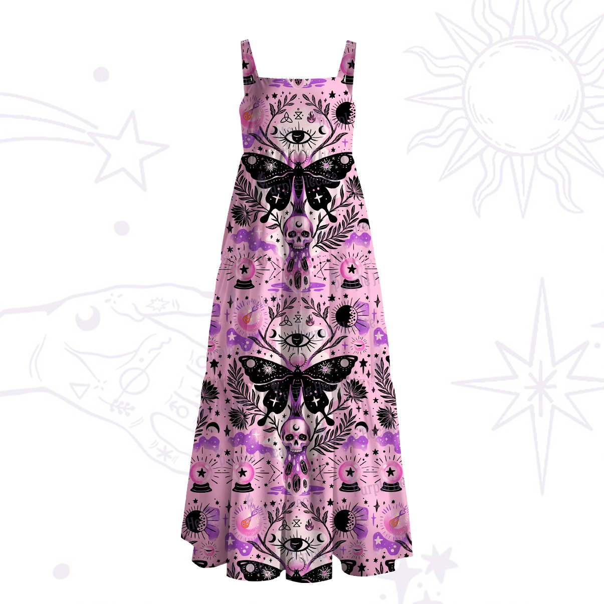 Purplehecate Whispers of the Death's-head Mot Wide Straps Maxi Dress
