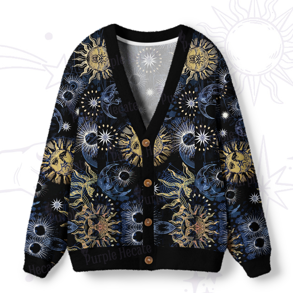 Purplehecate Starbound Celestial Sun & Moon Ugly Cardigan Sweaters