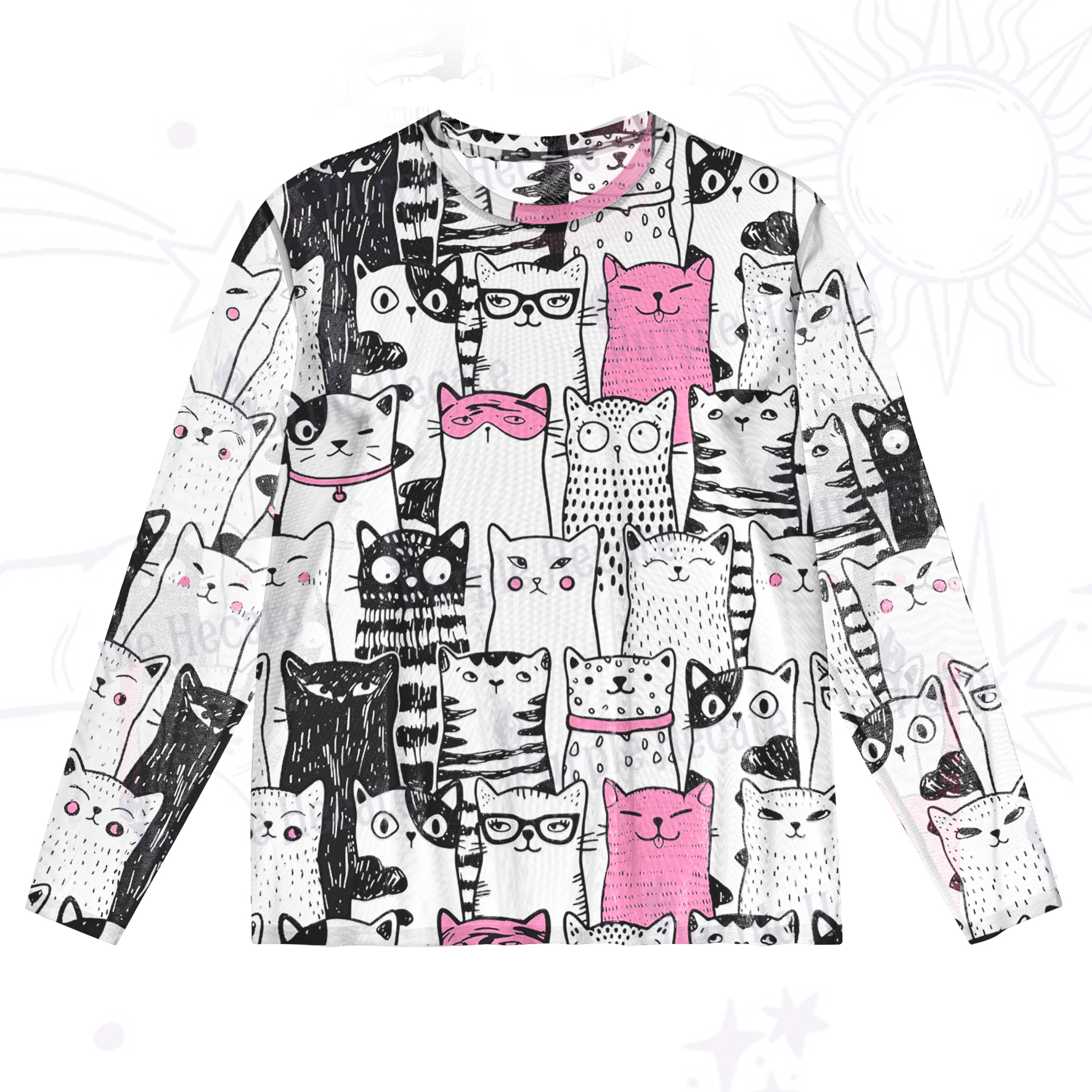 Purplehecate Cute Cat All Over Print Mesh Long Sleeve Top