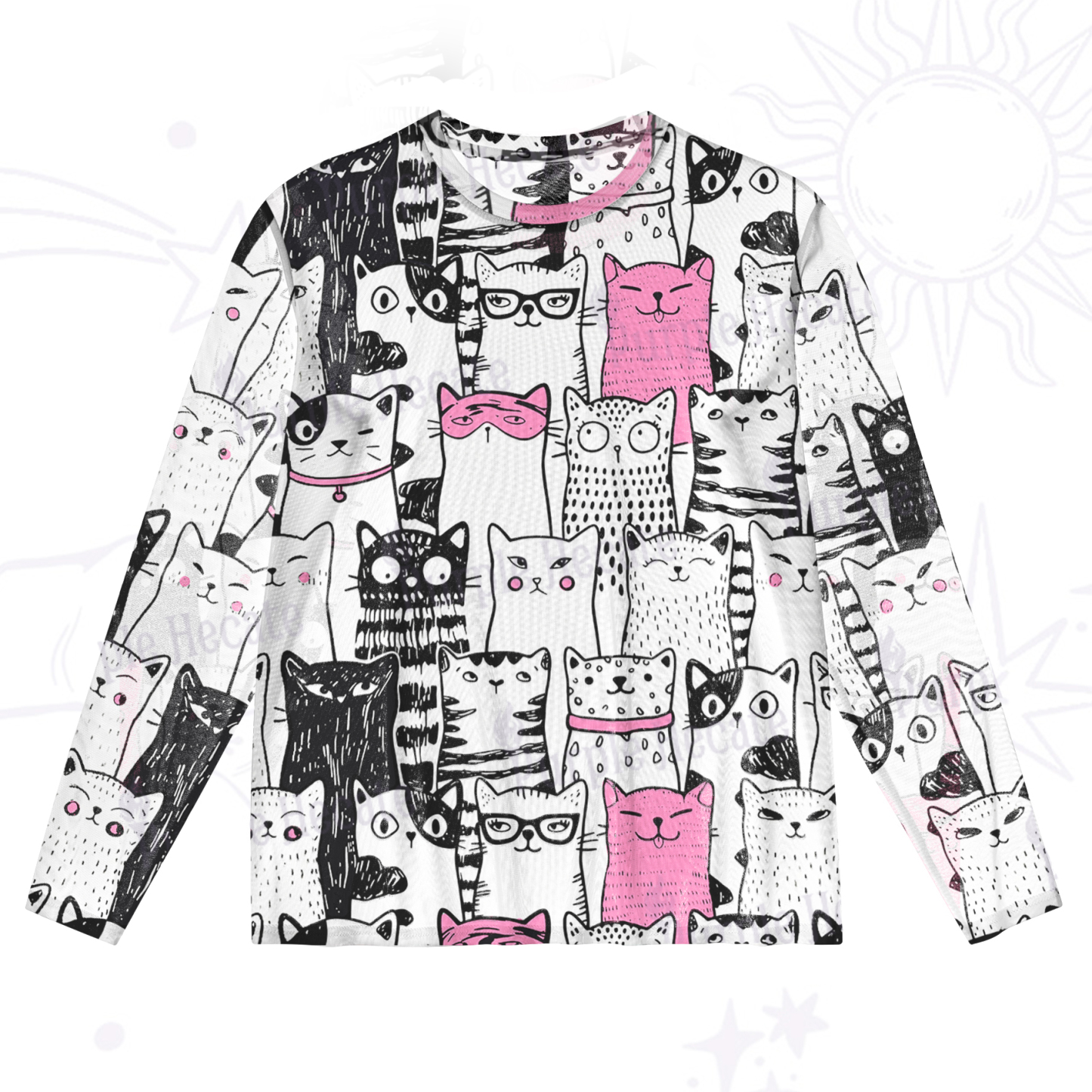 Purplehecate Cute Cat All Over Print Mesh Long Sleeve Top