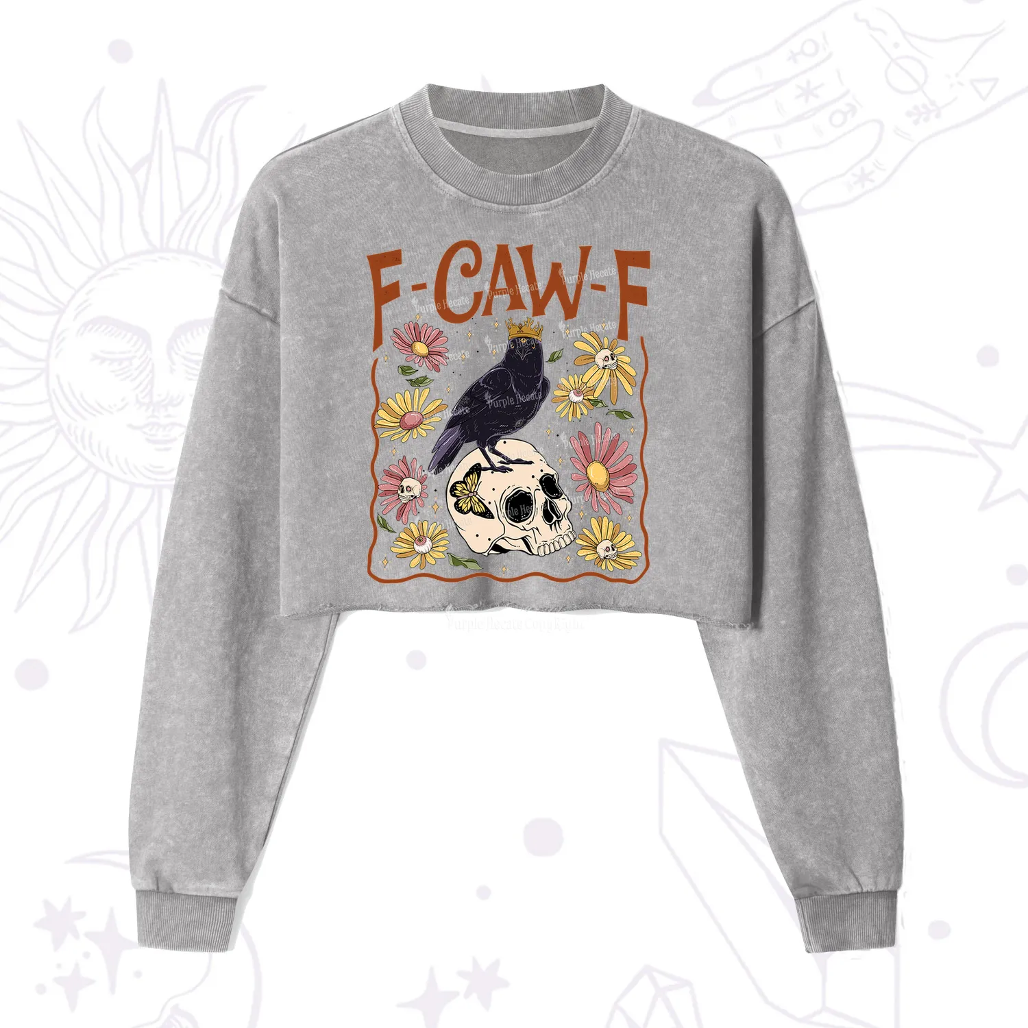 Purplehecate Funny F-Caw-F Crow Cropped Washed Sweatshirt