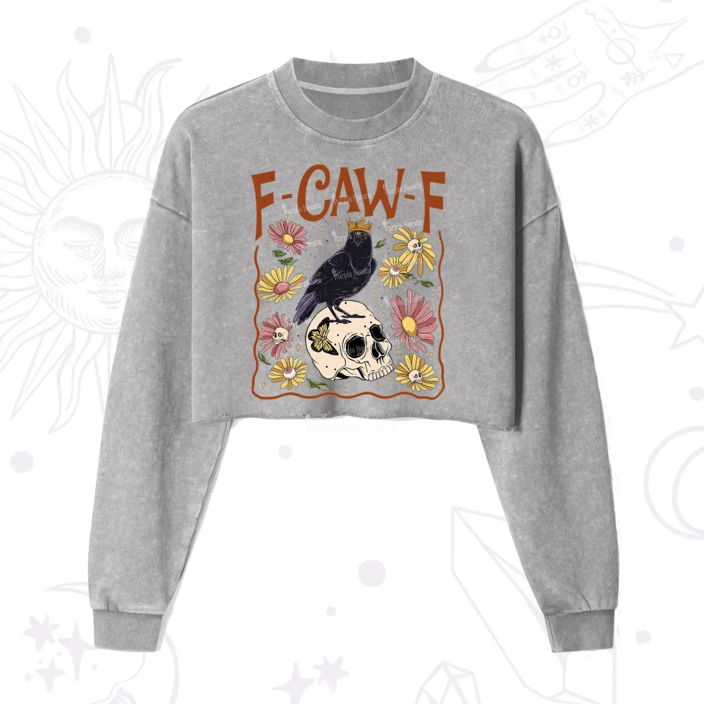 Purplehecate Funny F-Caw-F Crow Cropped Washed Sweatshirt