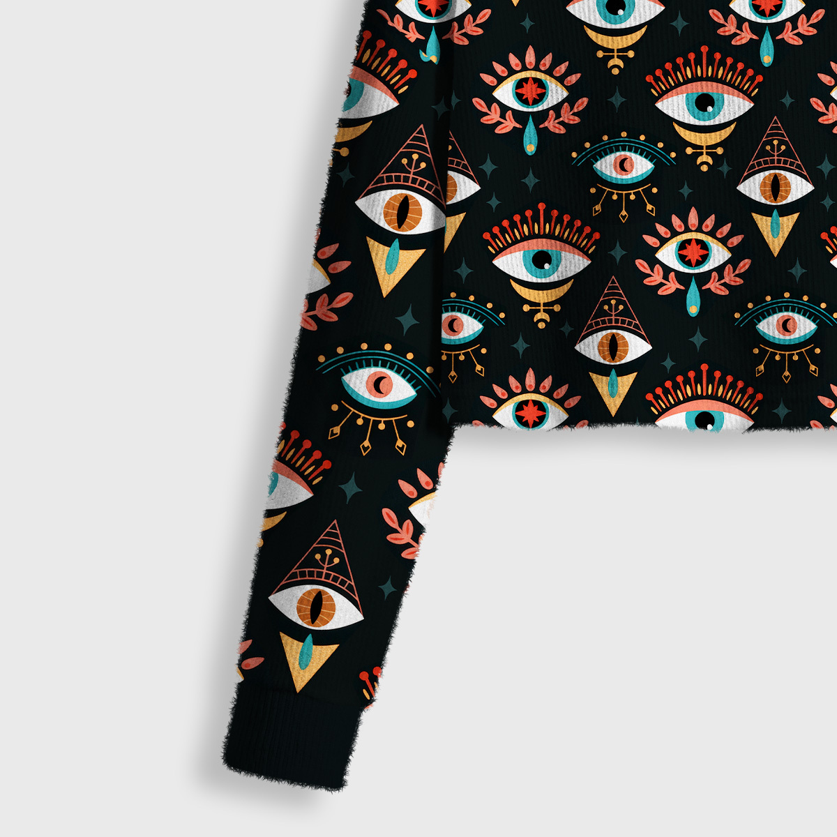 Purplehecate Evil Eye Pattern Crop Fuzzy Ugly Sweatshirt