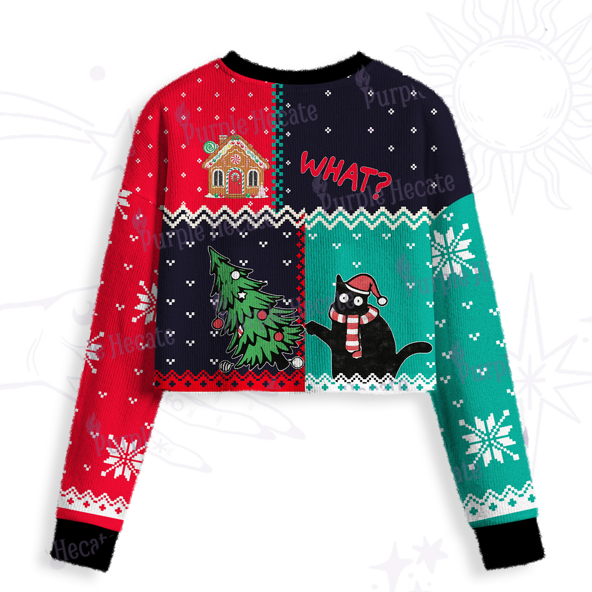 Purplehecate Christmas Black Cat Crop Fuzzy Ugly Sweatshirt