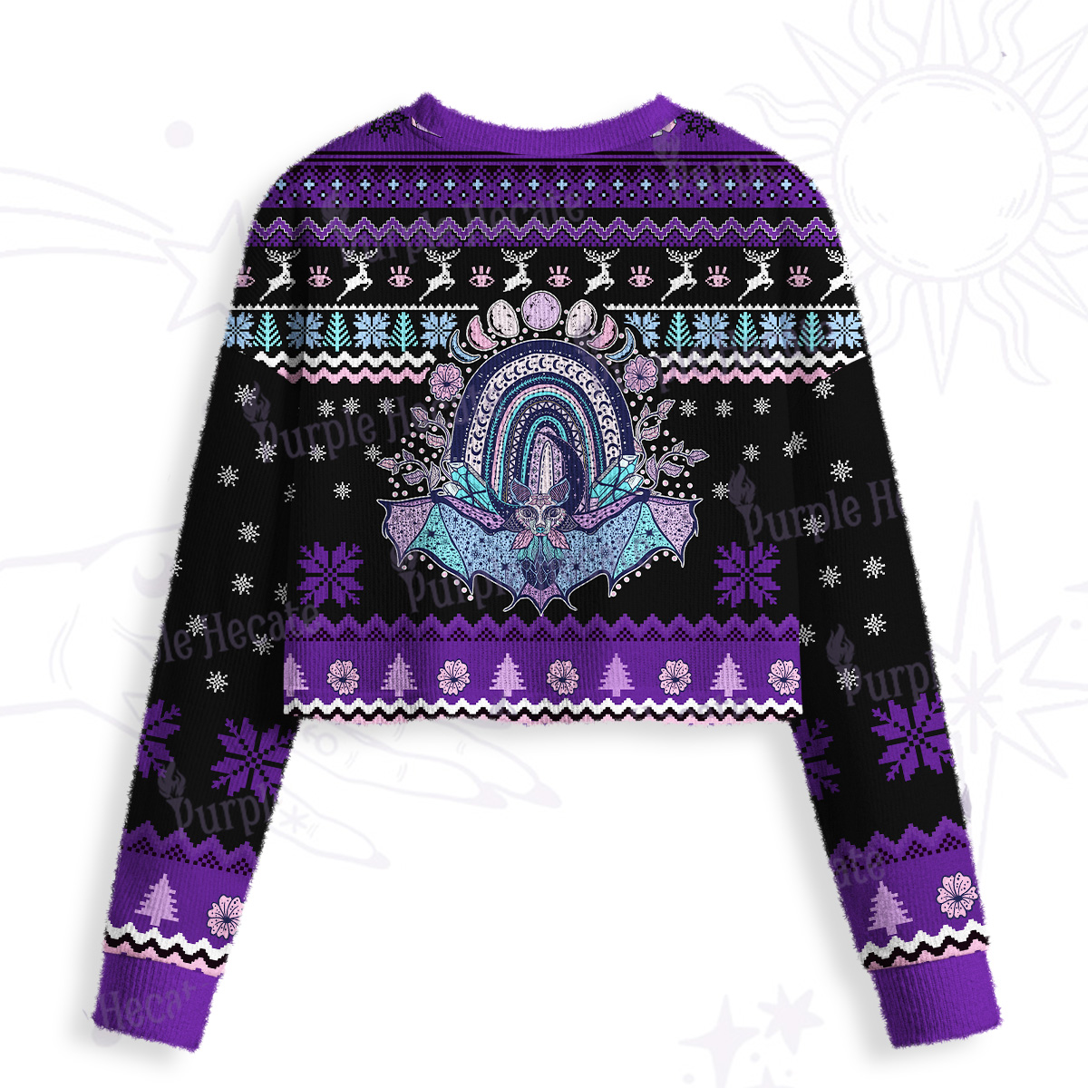 Purplehecate Moon Phase Bat Crop Fuzzy Ugly Sweatshirt