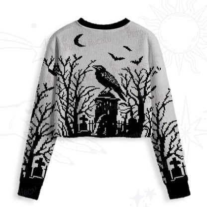 Purplehecate Ravens Over the Spooky Graveyard Crop Fuzzy Ugly Sweatshirt