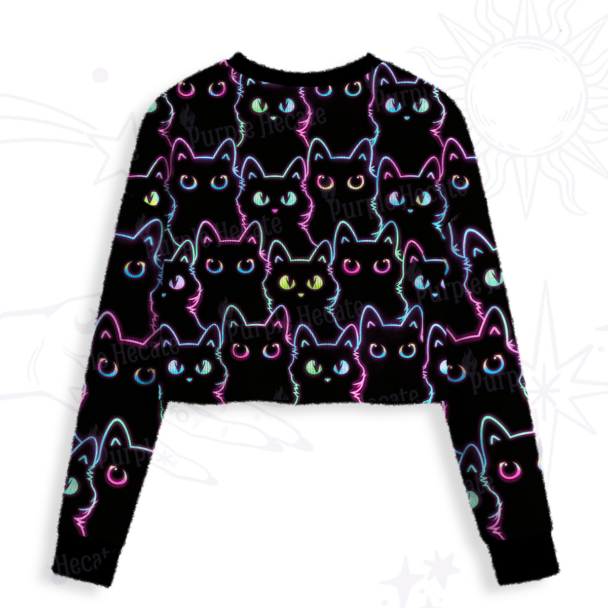 Purplehecate Neon Glow Stacked Cats Crop Fuzzy Ugly Sweatshirt