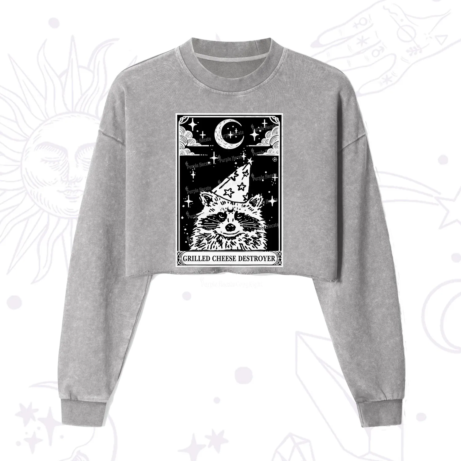 Purplehecate The Grilled Cheese Destroyer Tarot Raccoon Cropped Washed Sweatshirt