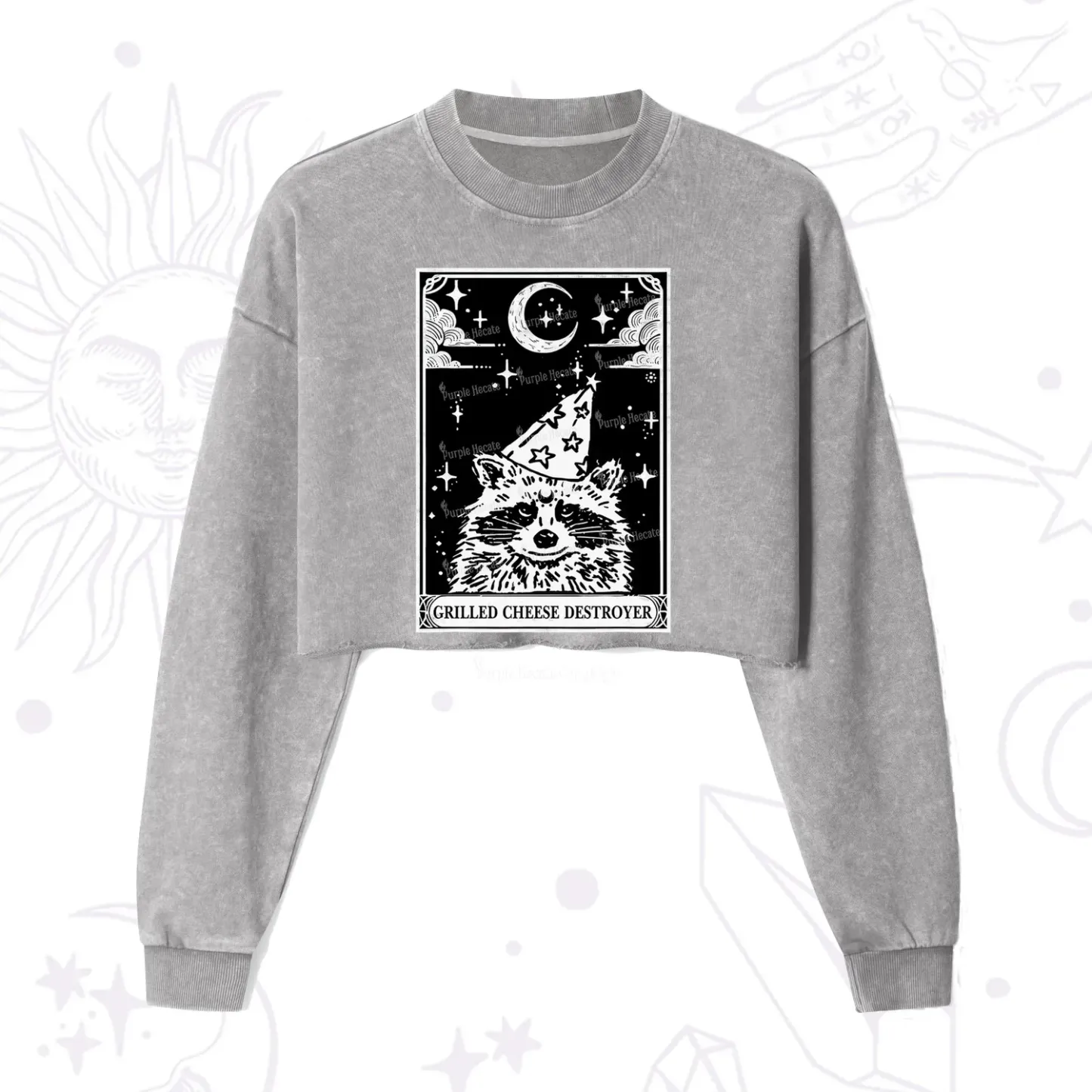 Purplehecate The Grilled Cheese Destroyer Tarot Raccoon Cropped Washed Sweatshirt