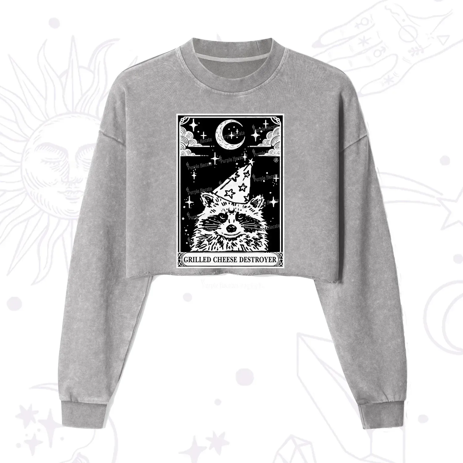 Purplehecate The Grilled Cheese Destroyer Tarot Raccoon Cropped Washed Sweatshirt