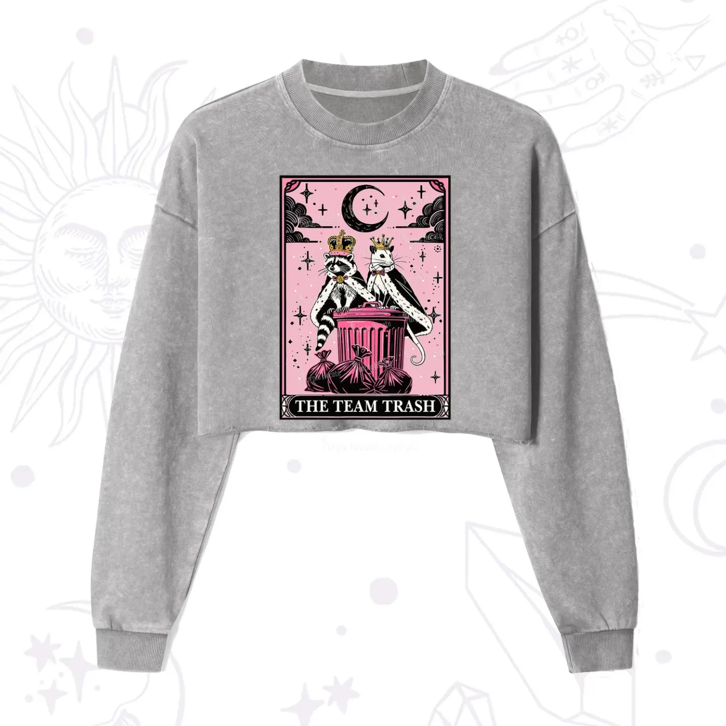 Purplehecate The Trash Kingdom's Tarot Opossum and Raccoon Cropped Washed Sweatshirt
