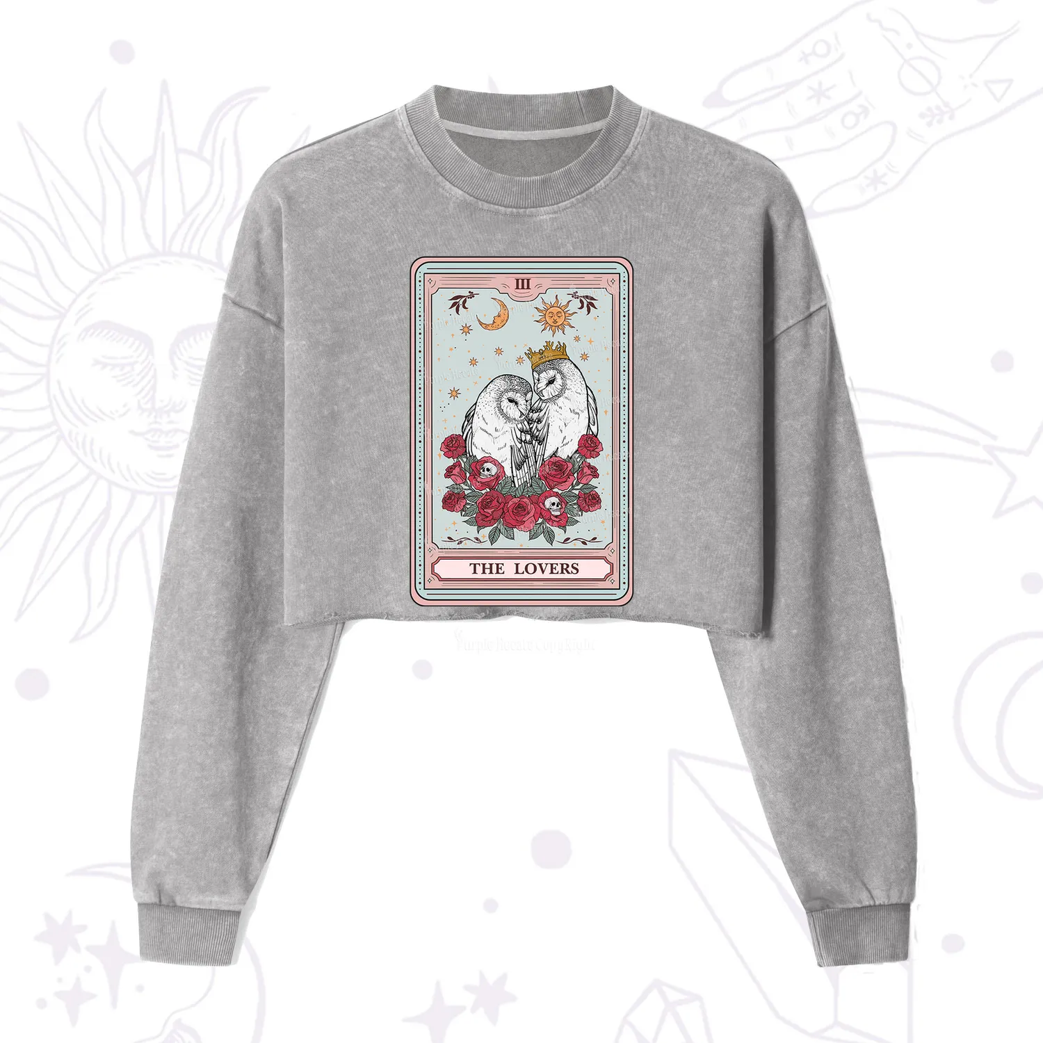 Purplehecate The Lovers Owls Tarot Card Cropped Washed Sweatshirt