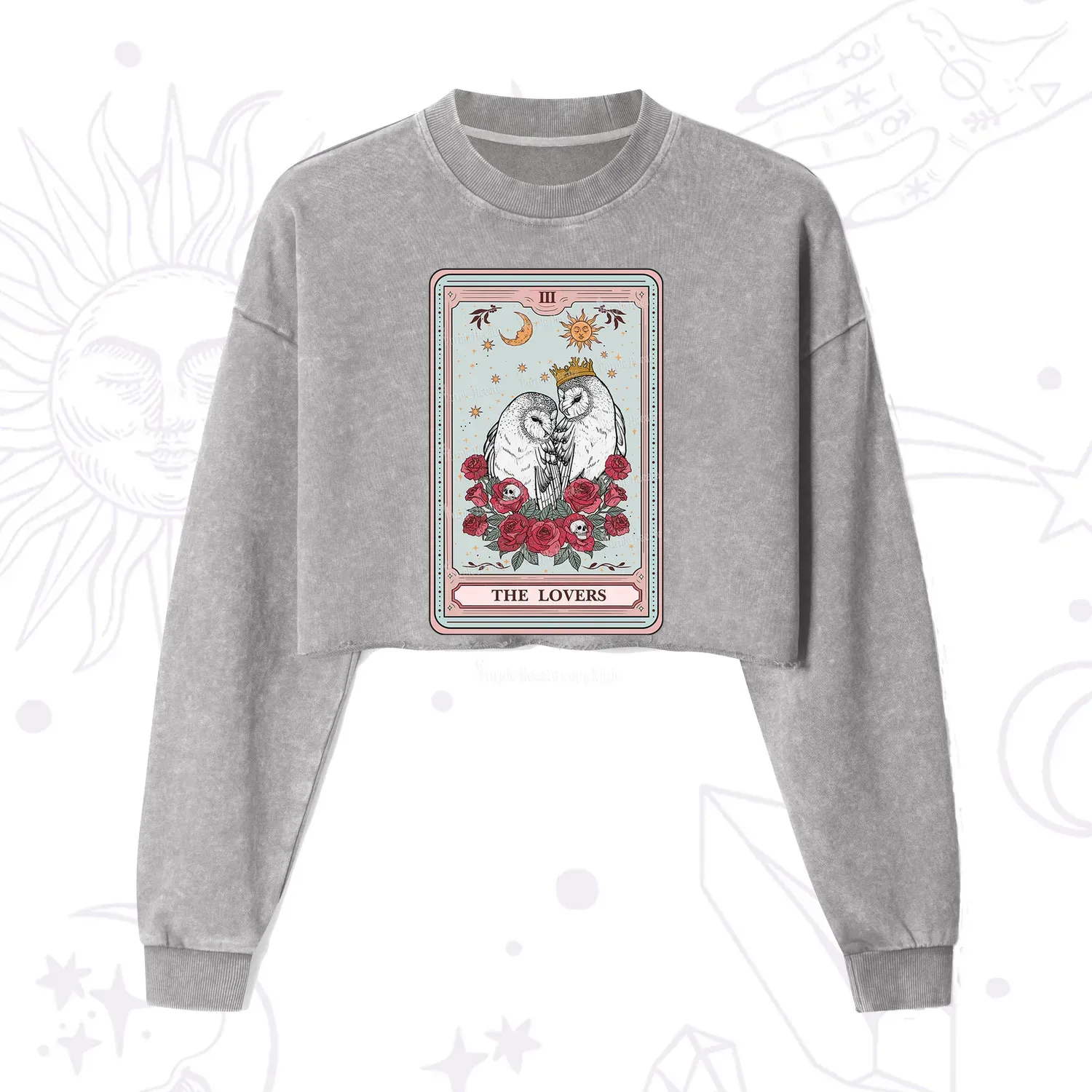 Purplehecate The Lovers Owls Tarot Card Cropped Washed Sweatshirt