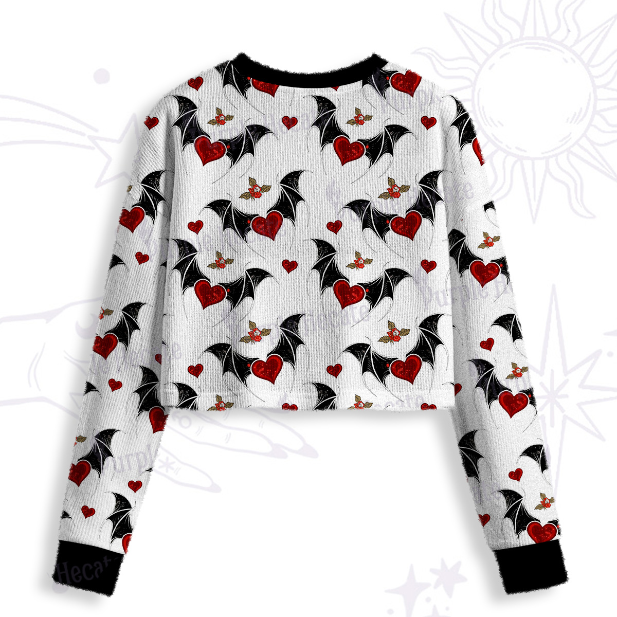 Purplehecate Dark Romance Bat & Heart Crop Fuzzy Ugly Sweatshirt