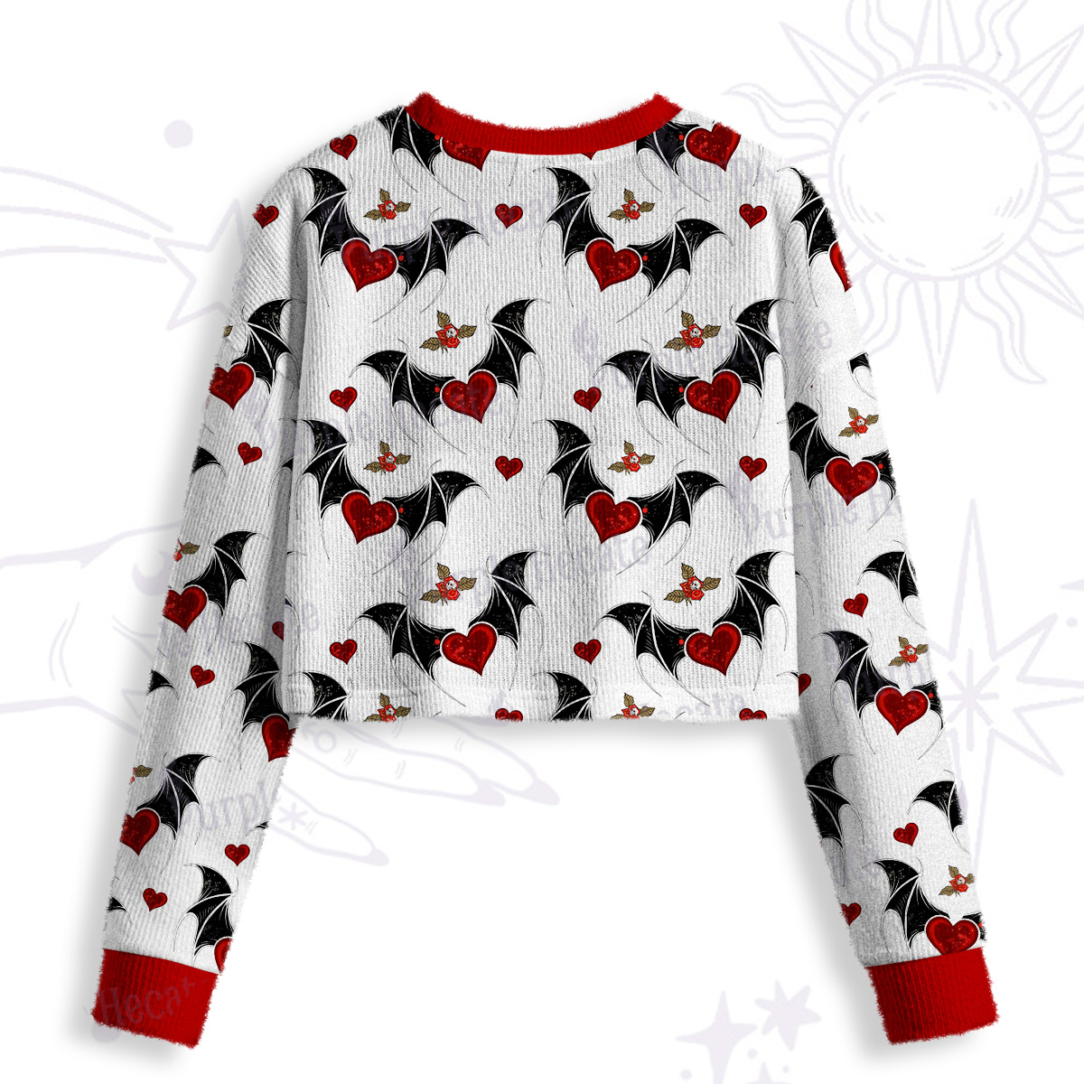 Purplehecate Dark Romance Bat & Heart Crop Fuzzy Ugly Sweatshirt