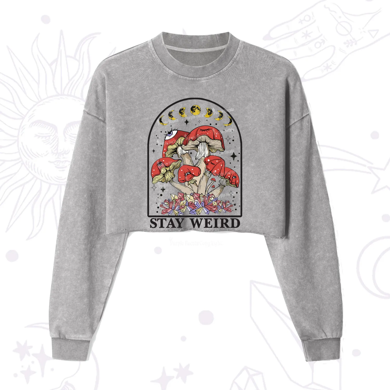 Purplehecate Stay Weird Mushroom Cropped Washed Sweatshirt
