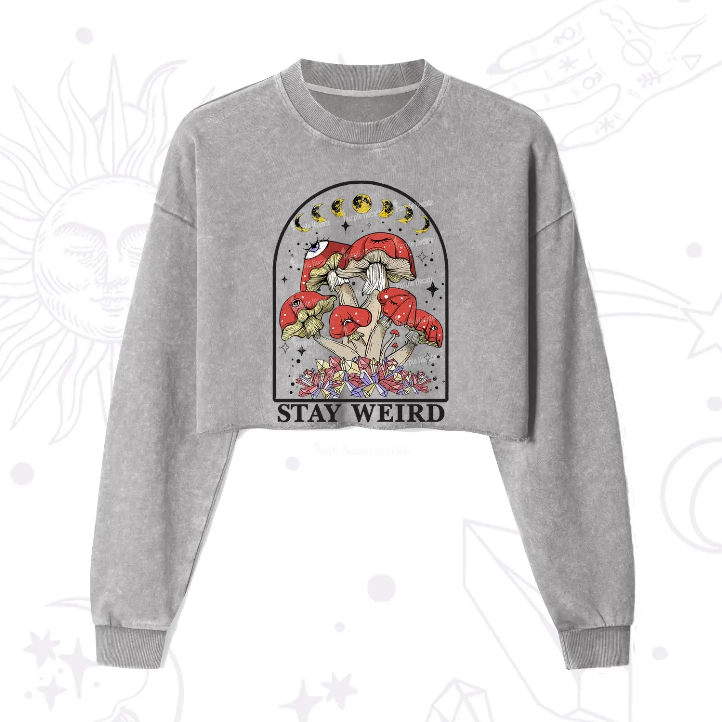 Purplehecate Stay Weird Mushroom Cropped Washed Sweatshirt