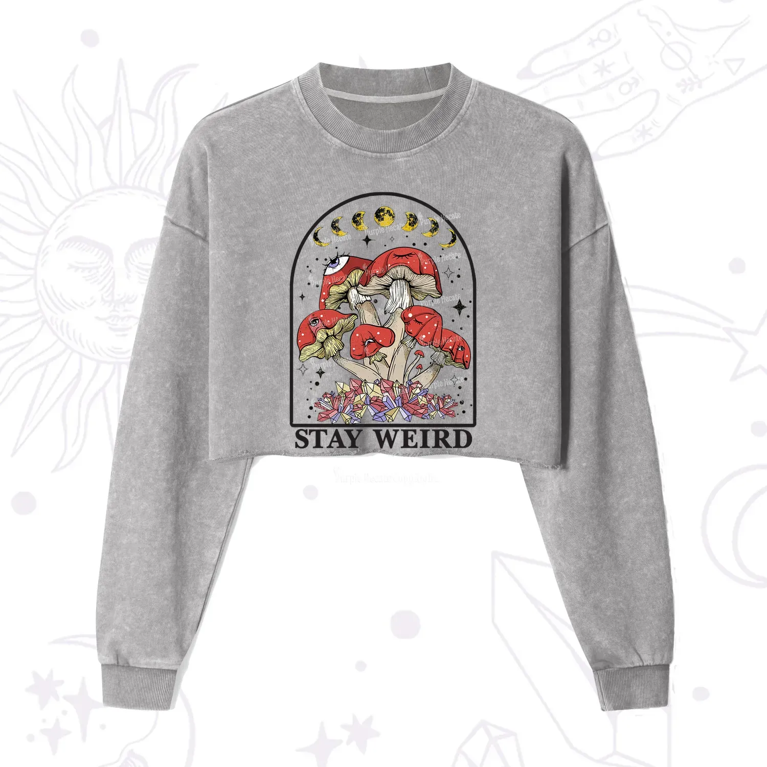 Purplehecate Stay Weird Mushroom Cropped Washed Sweatshirt